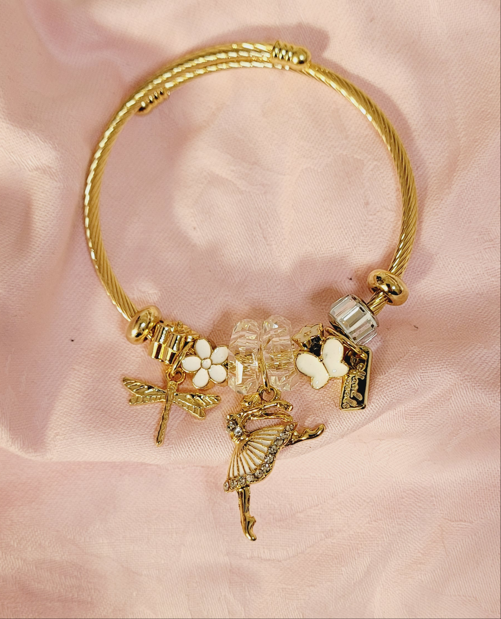 Gold Plated Stainless Steel Adjustable Bangle with Ballerina&Butterfly Charms