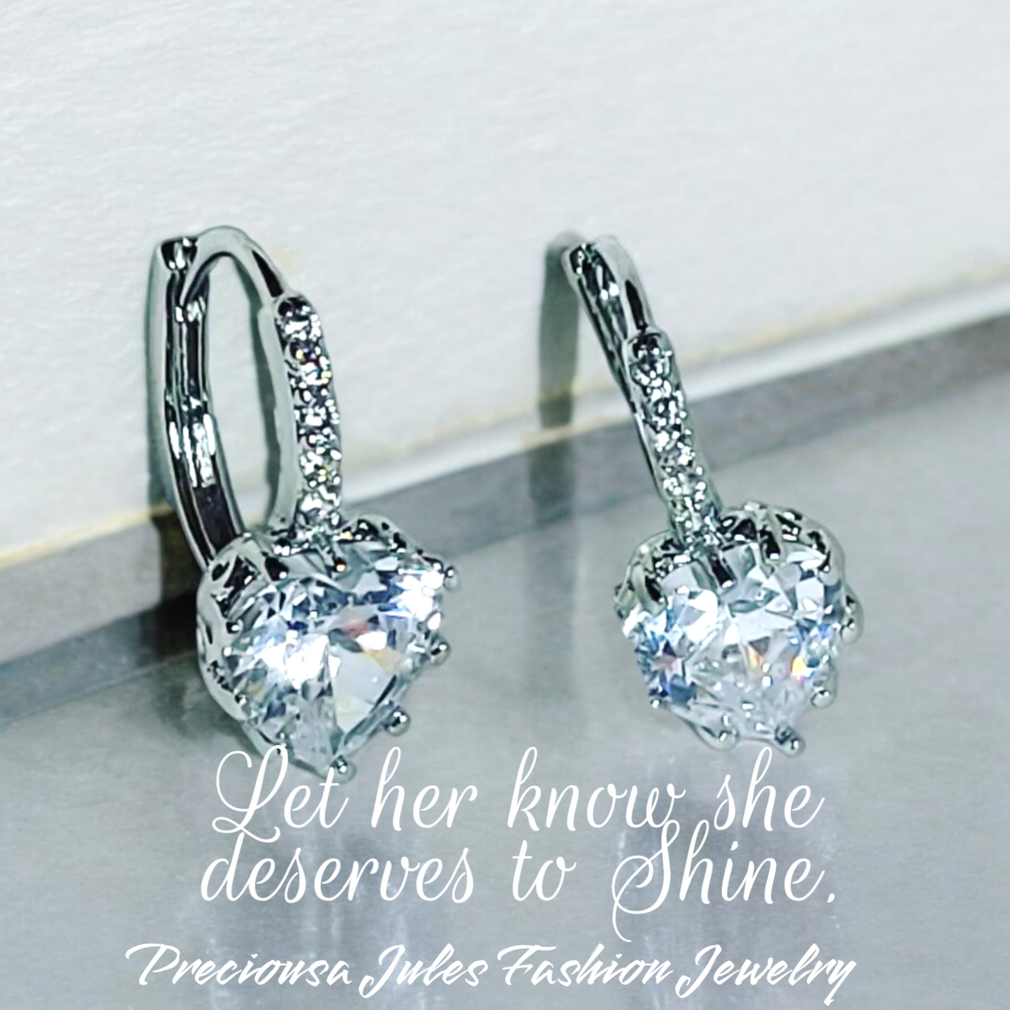 Women's Luxury Love Heart Rhinestone white Gold Plated Leverback drop Earrings