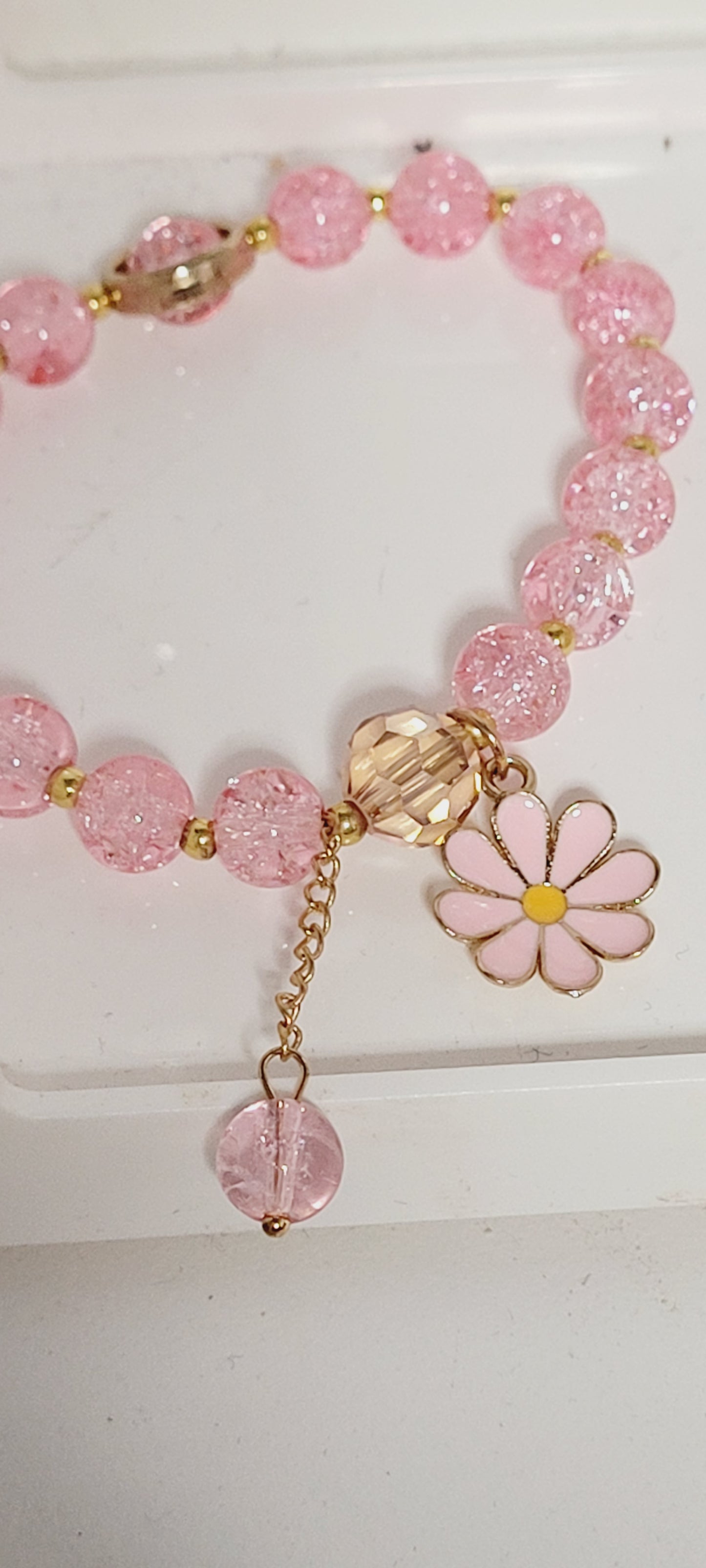 Pink Daisy Glass Bead Charm Bracelet