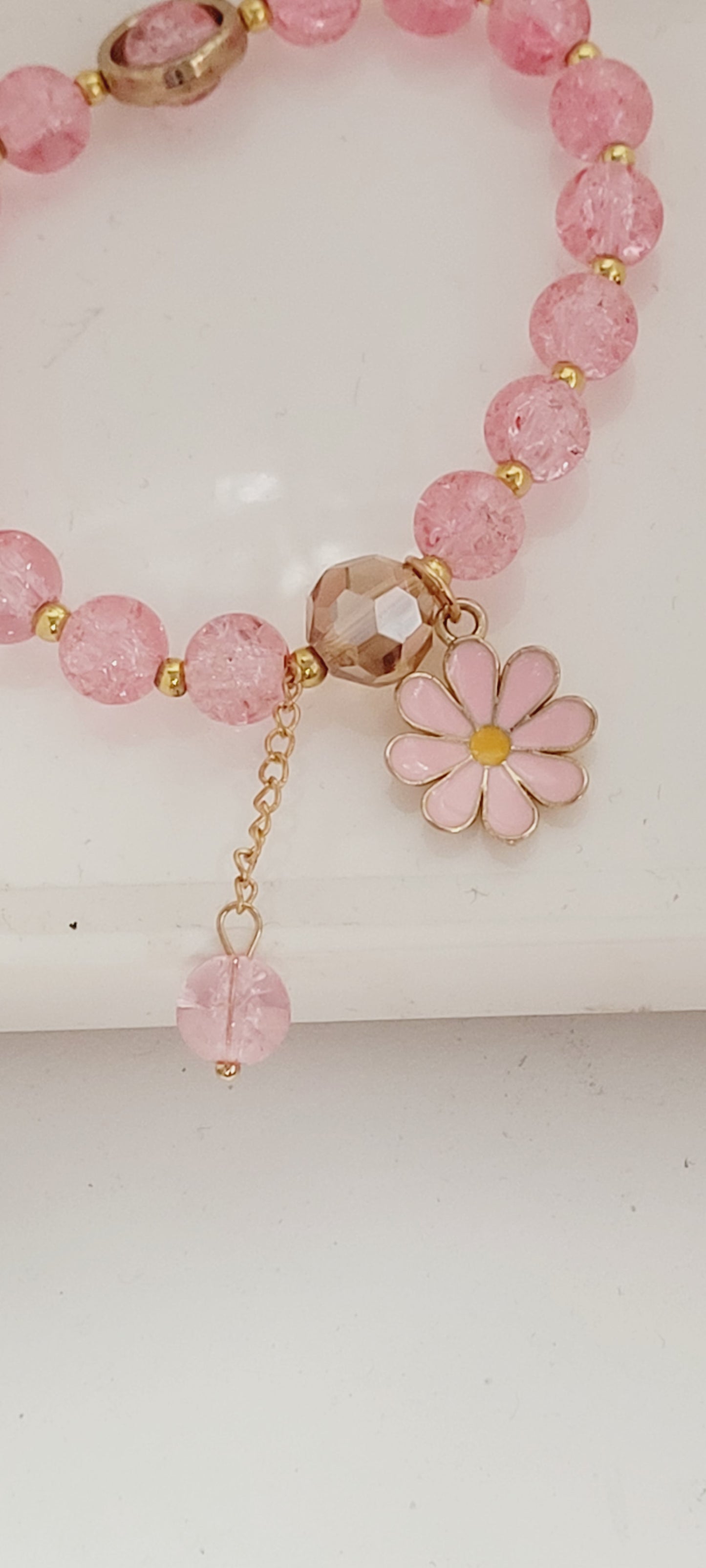 Pink Daisy Glass Bead Charm Bracelet