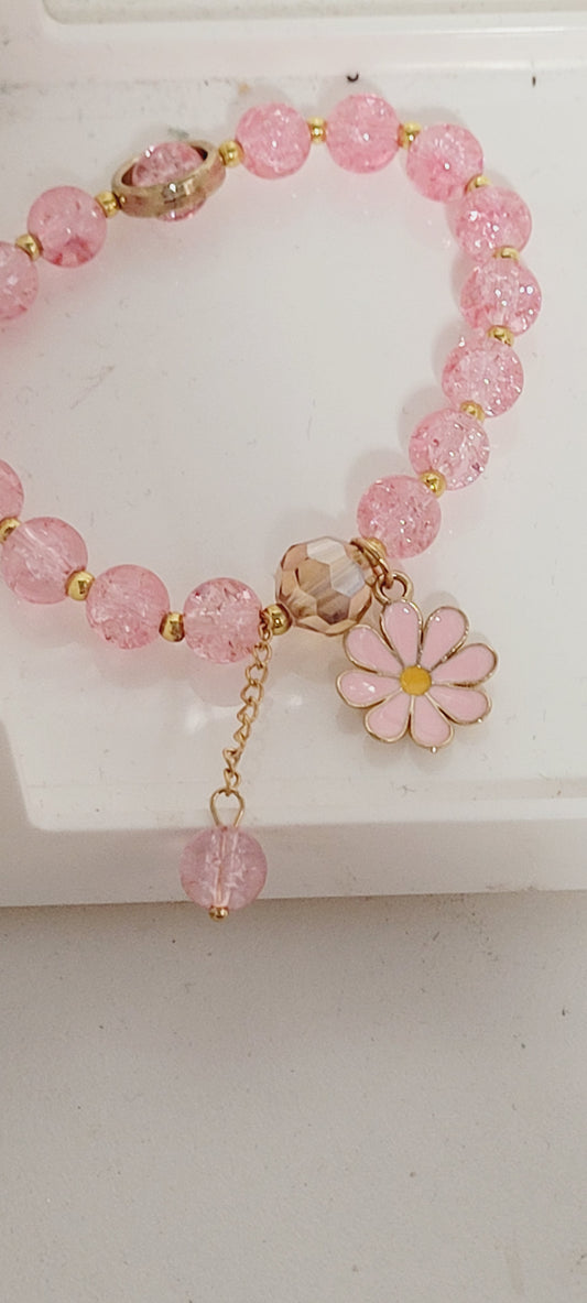 Pink Daisy Glass Bead Charm Bracelet