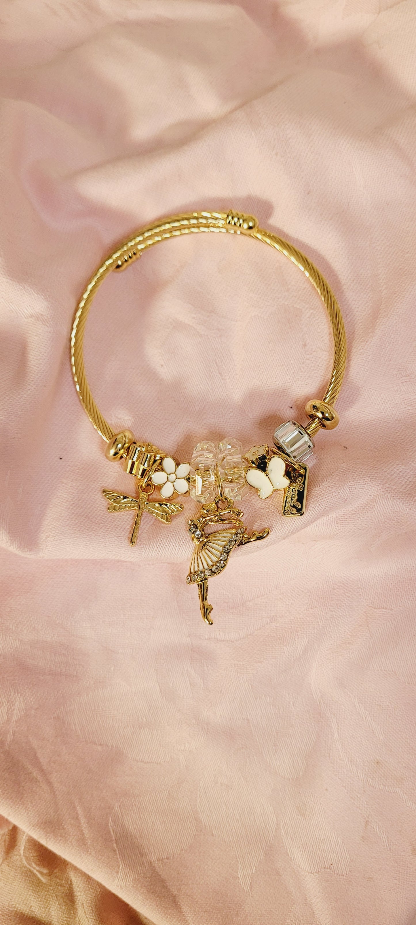 Gold Plated Stainless Steel Adjustable Bangle with Ballerina&Butterfly Charms