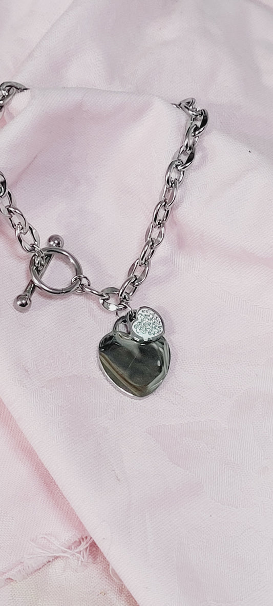 Silver Double Heart Charm Chain Bracelet