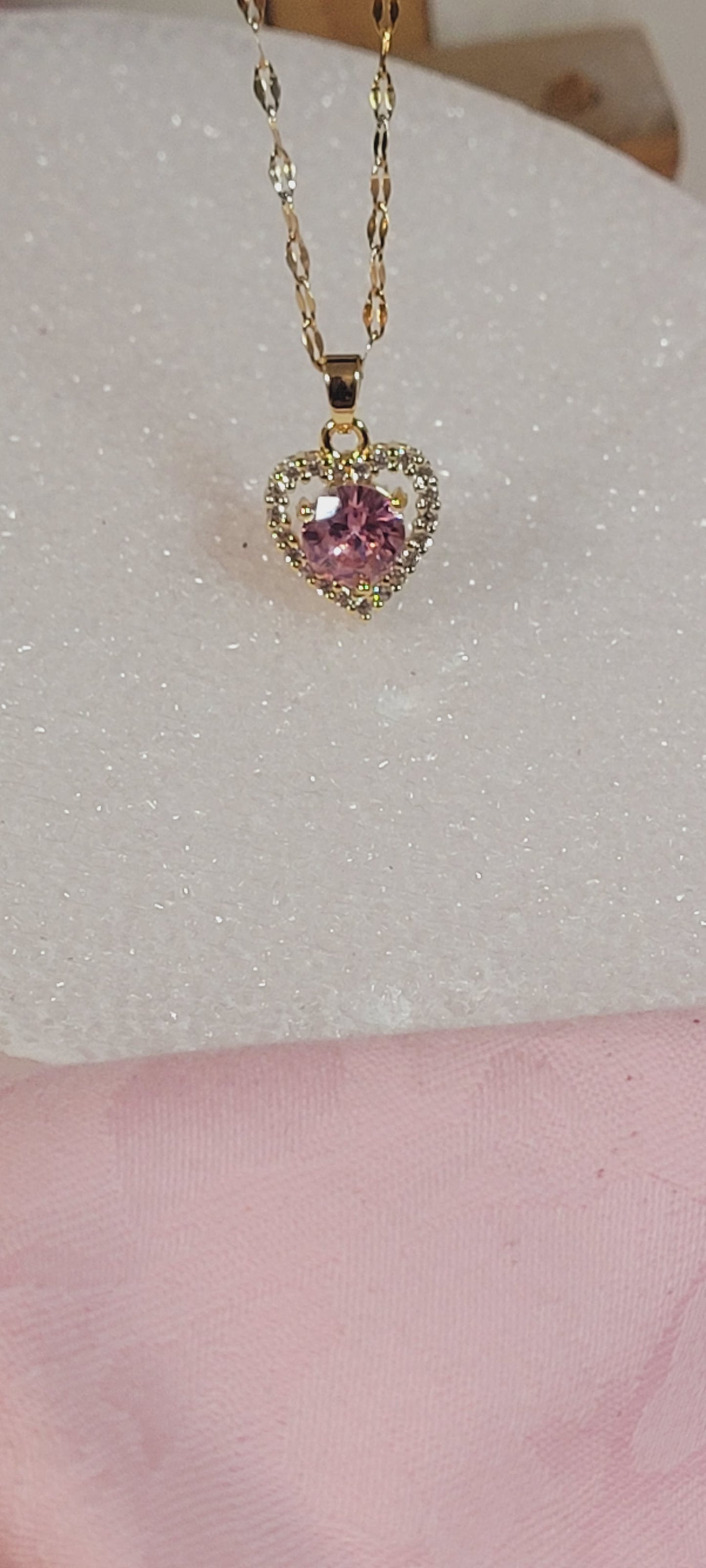 18k Gold plated Heart Design Pink CZ Stone Charm Necklace