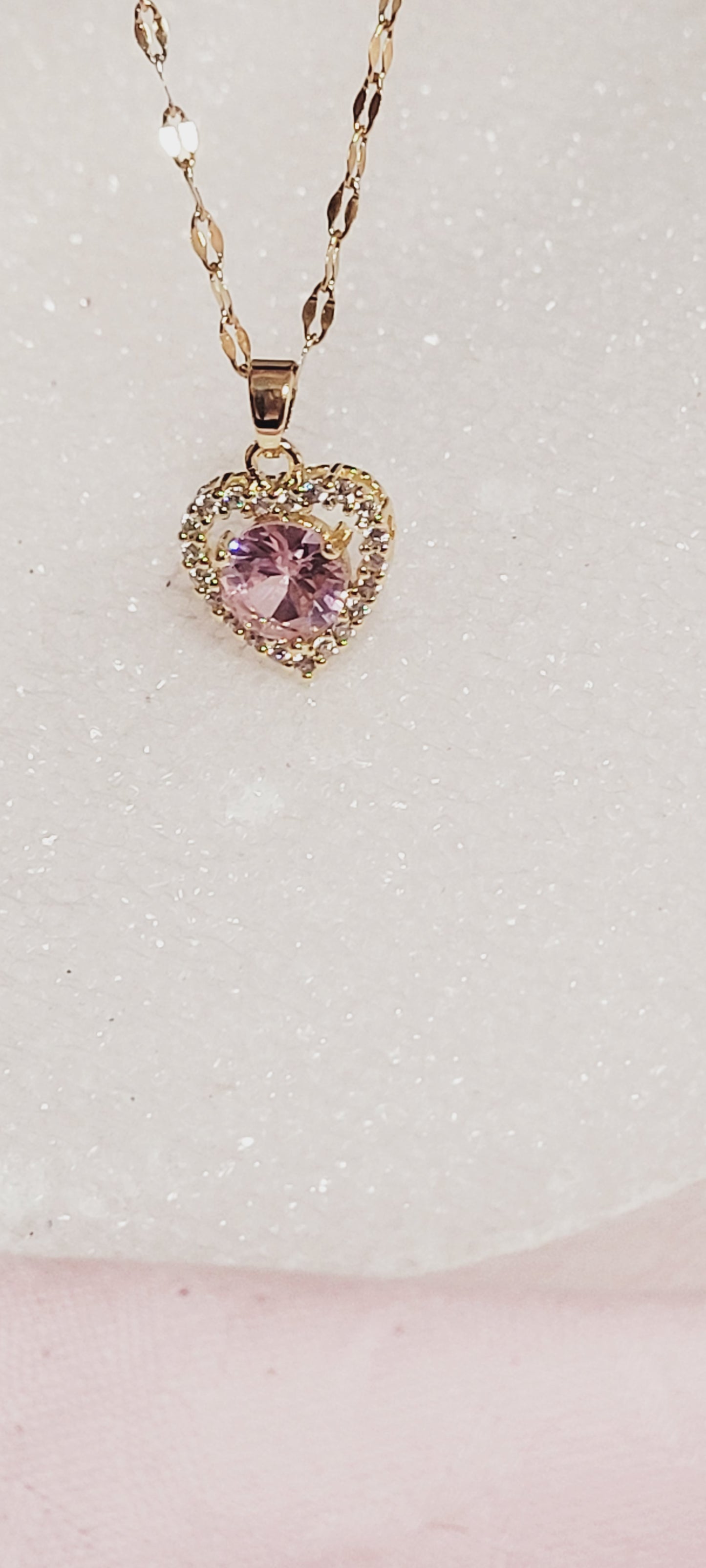 18k Gold plated Heart Design Pink CZ Stone Charm Necklace