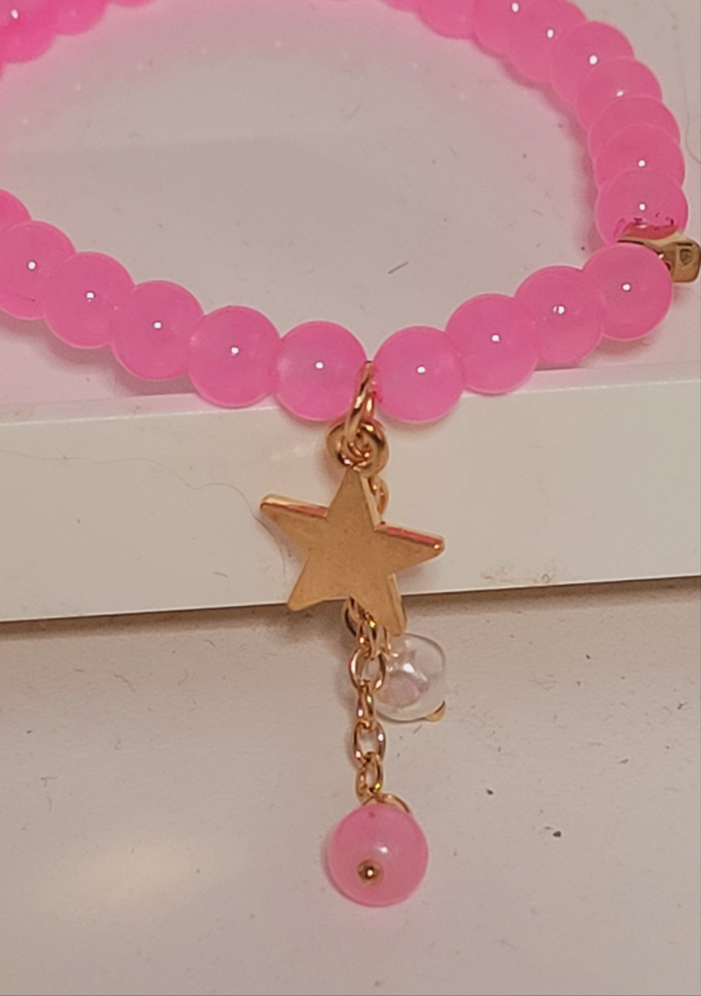 Pink Beaded Charm Bracelet with Gold Star Charm