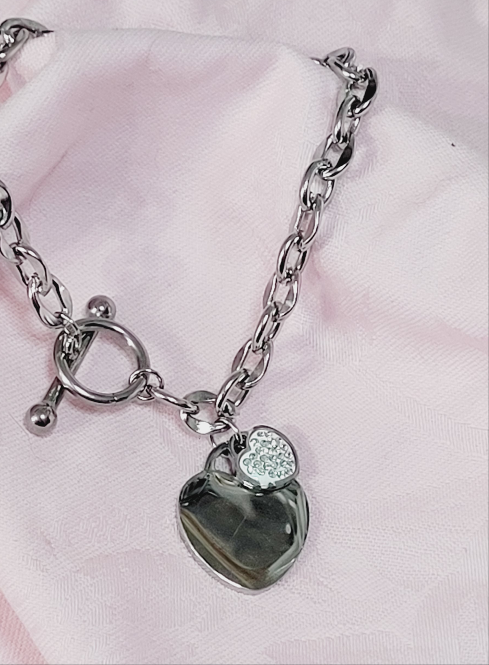 Silver Double Heart Charm Chain Bracelet