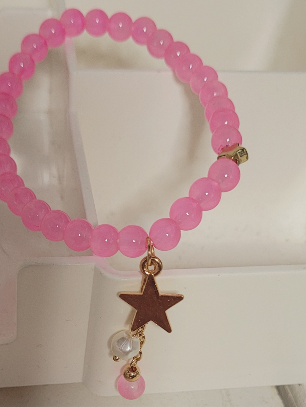 Pink Beaded Charm Bracelet with Gold Star Charm