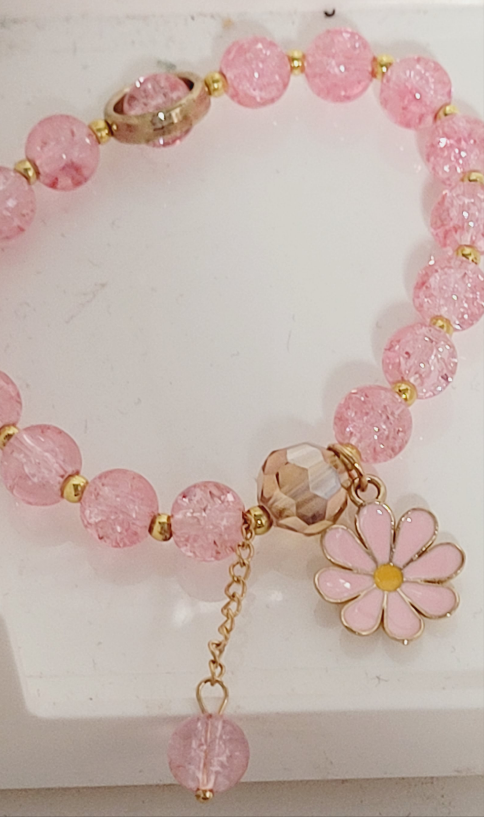 Pink Daisy Glass Bead Charm Bracelet