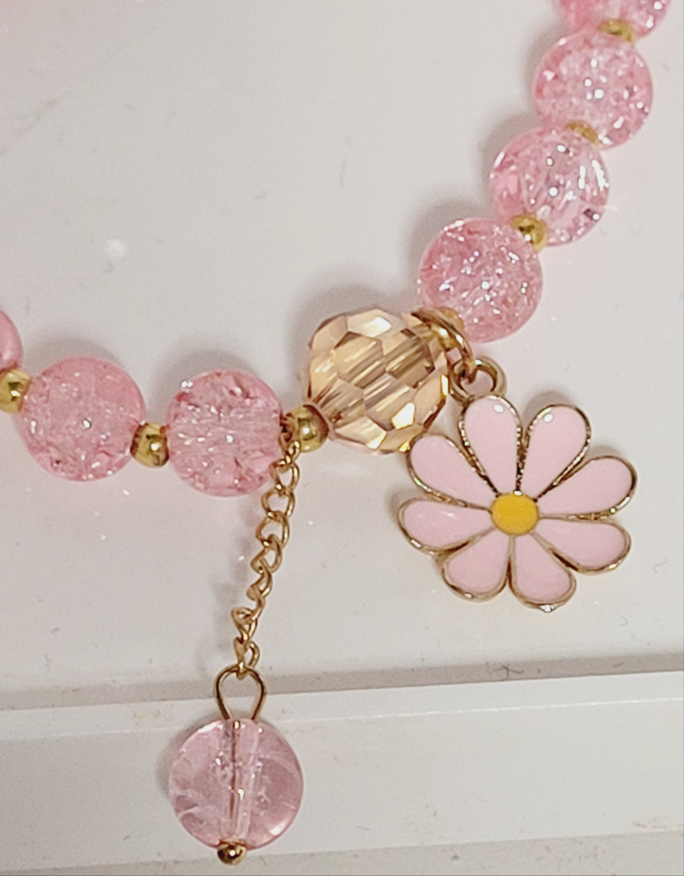 Pink Daisy Glass Bead Charm Bracelet