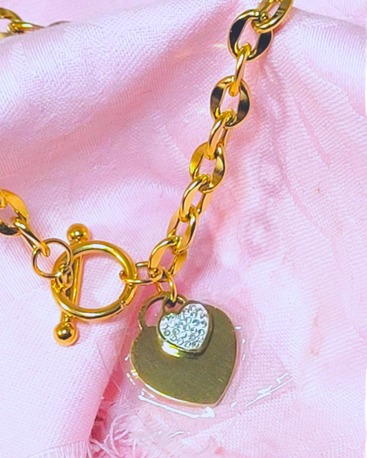 Gold Double Heart Charm Chain Bracelet