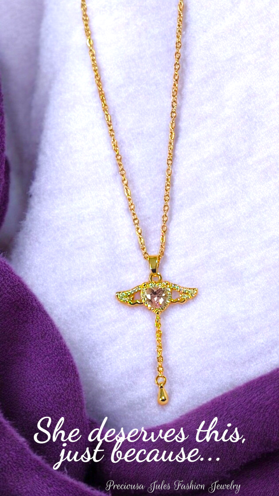 Gold Plated Cupid Heart Angel Wings Tassel Necklace