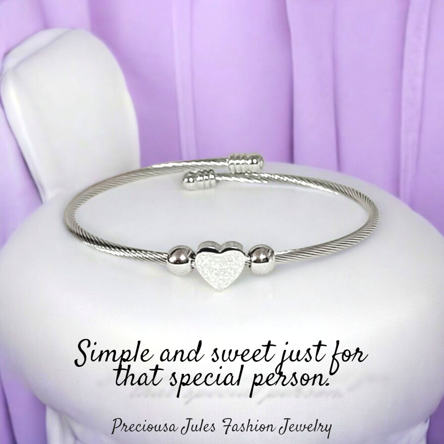 Silver Plated Solid Heart Charm Adjustable Bangle Bracelet