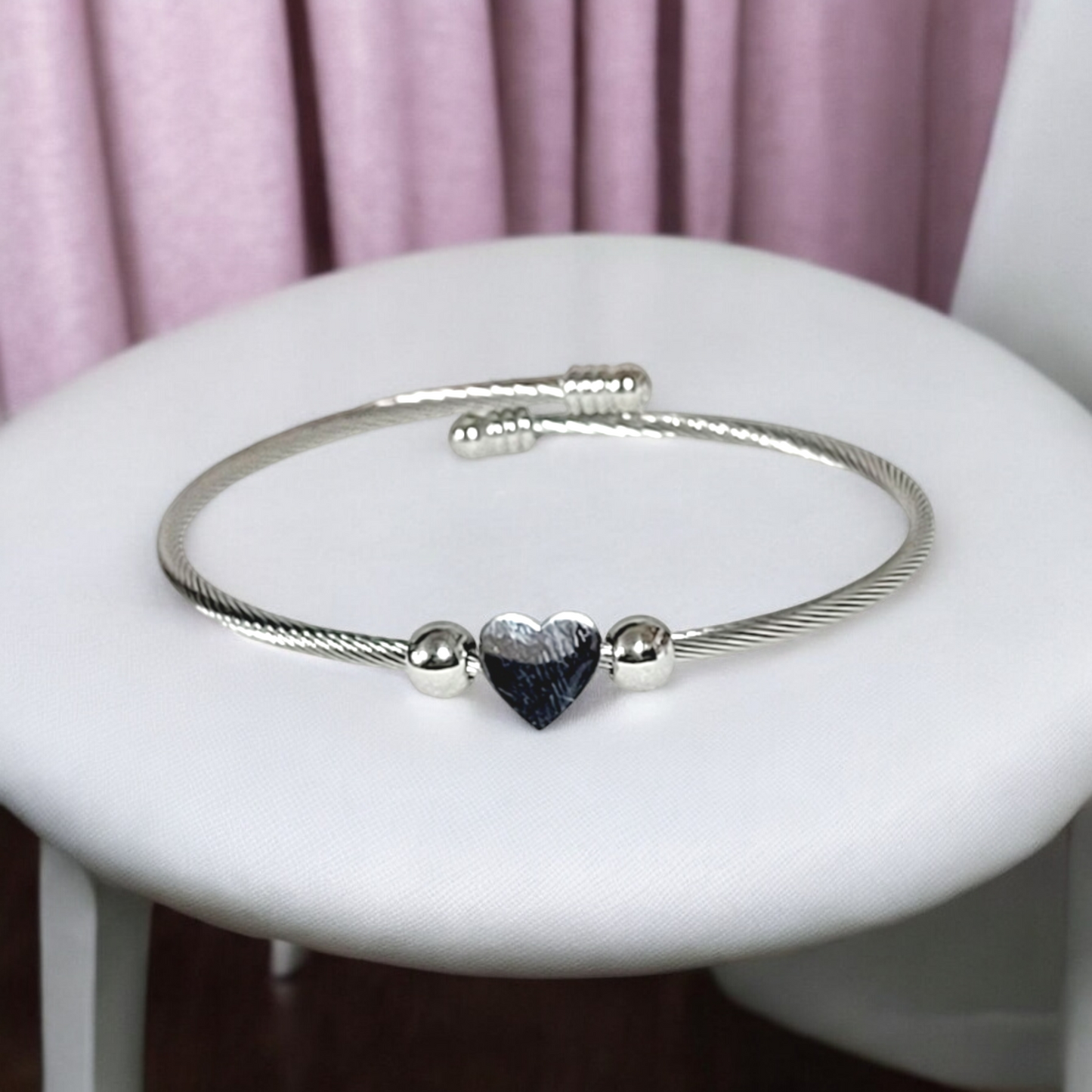 Silver Plated Solid Heart Charm Adjustable Bangle Bracelet