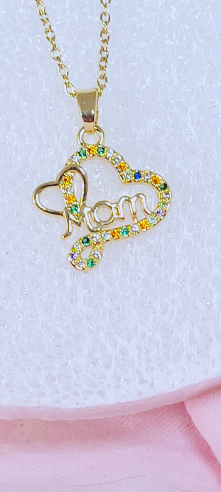 Gold-plated Double Heart Mom Charm Necklaces with multicolor Inlay Zircon Design