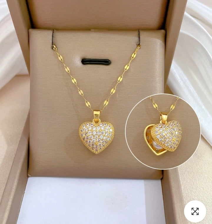 Gold Zirconia Inlay Heart-Shaped locket with Faux Pearl Necklace