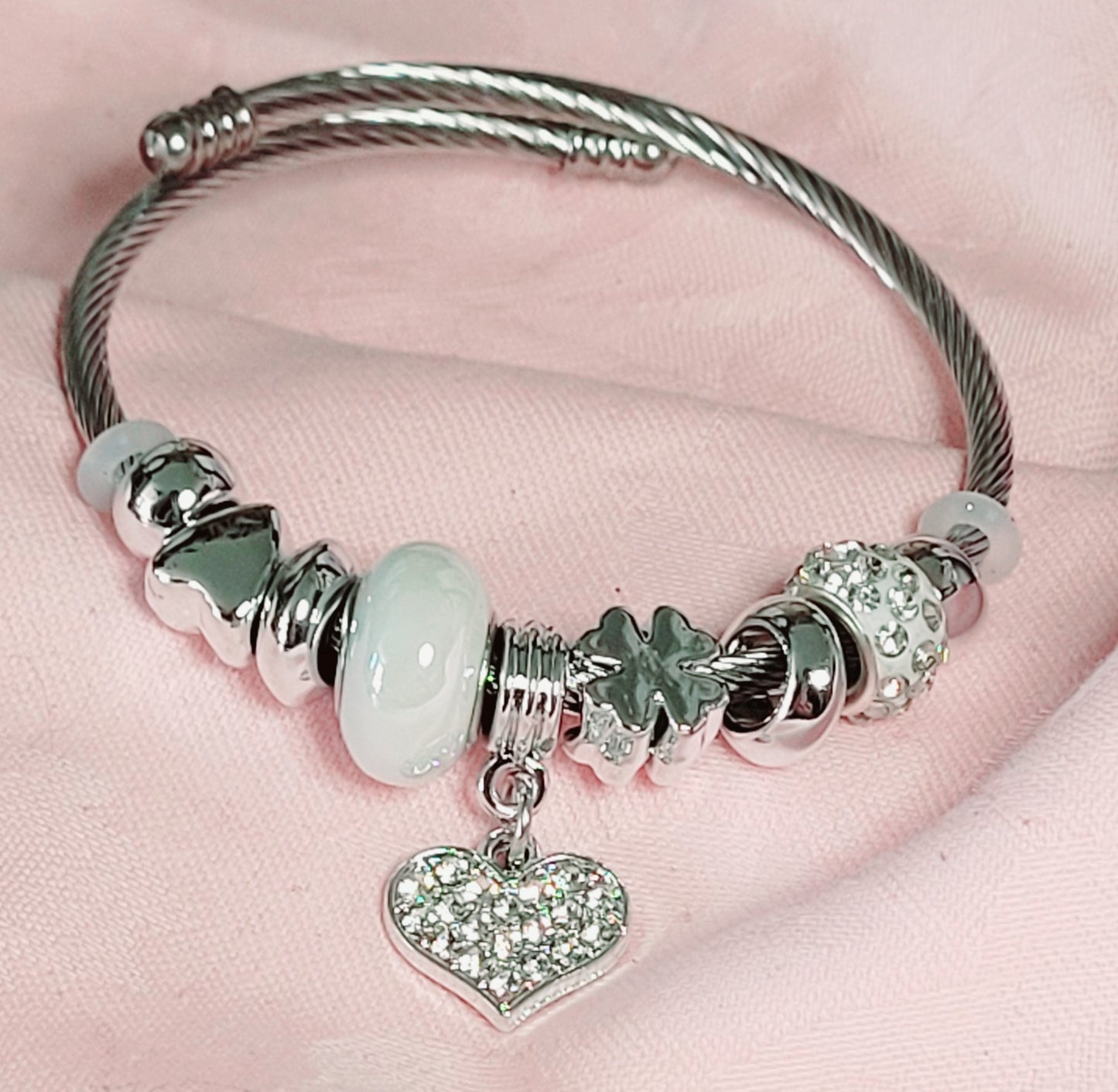 Elegant Heart charm Stainless Steel Bangle-
Heart white