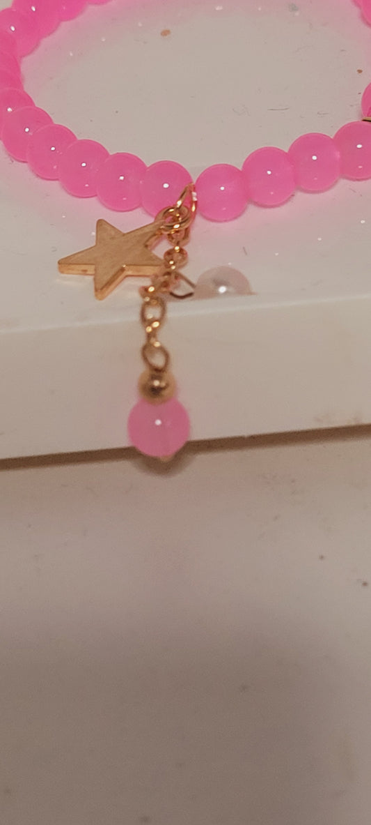 Pink Beaded Charm Bracelet with Gold Star Charm