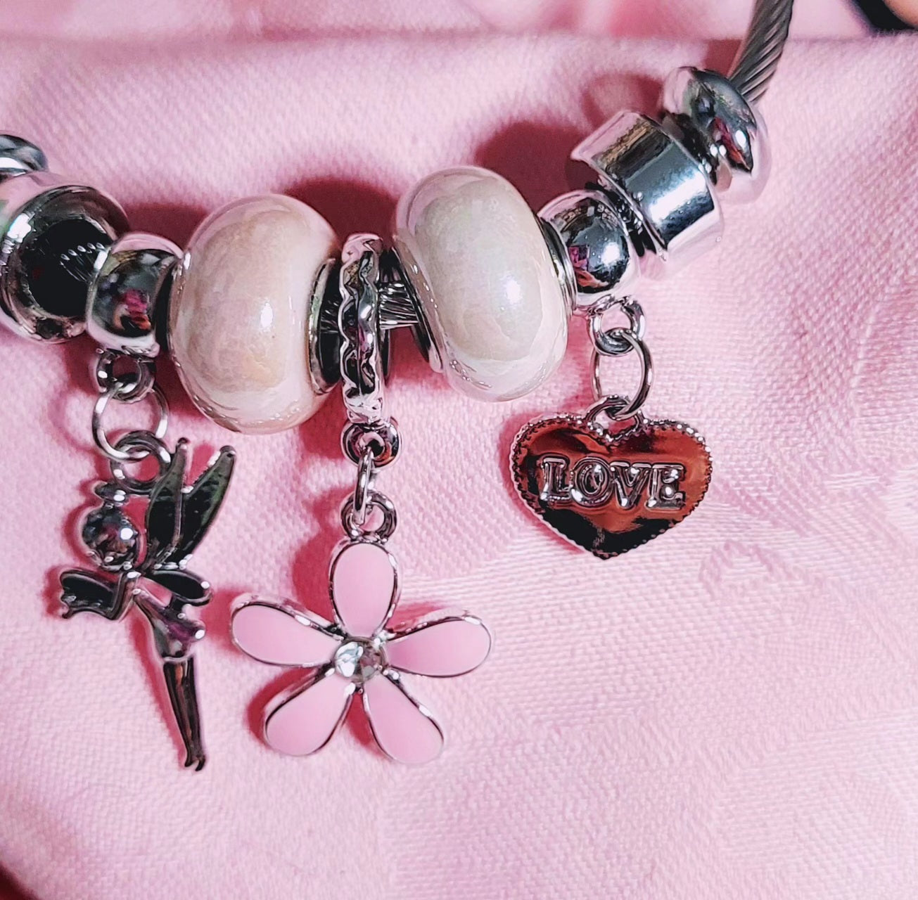 Elegant Fairy Heart Shape Bangle - pink flower