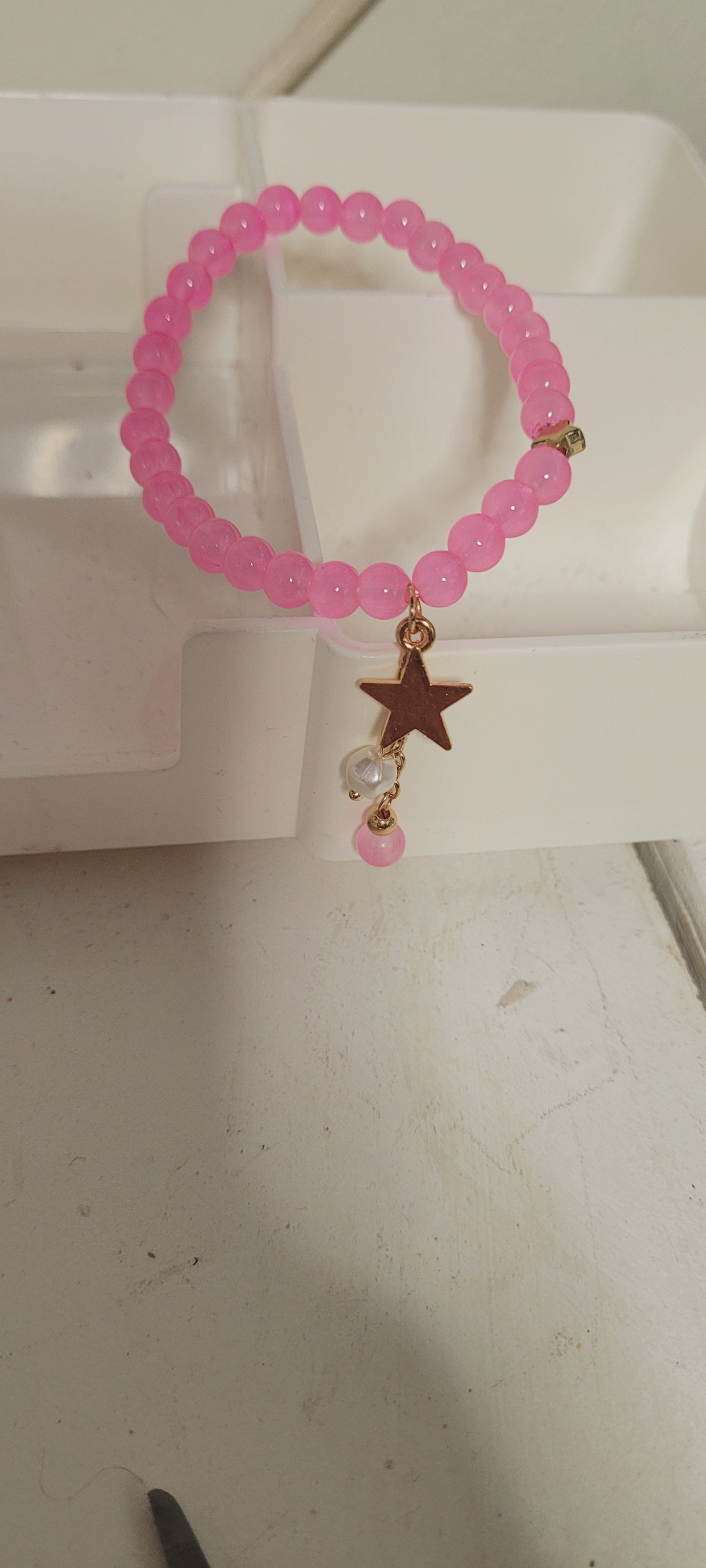 Pink Beaded Charm Bracelet with Gold Star Charm