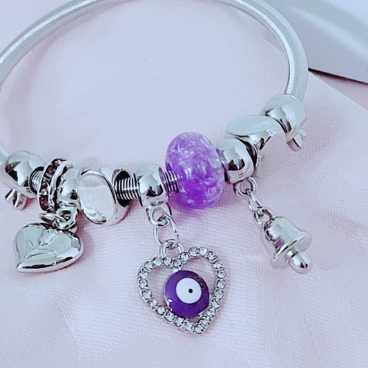 Vintage Heart Pendant and Beads Stretchable Cuff Bangle-Purple