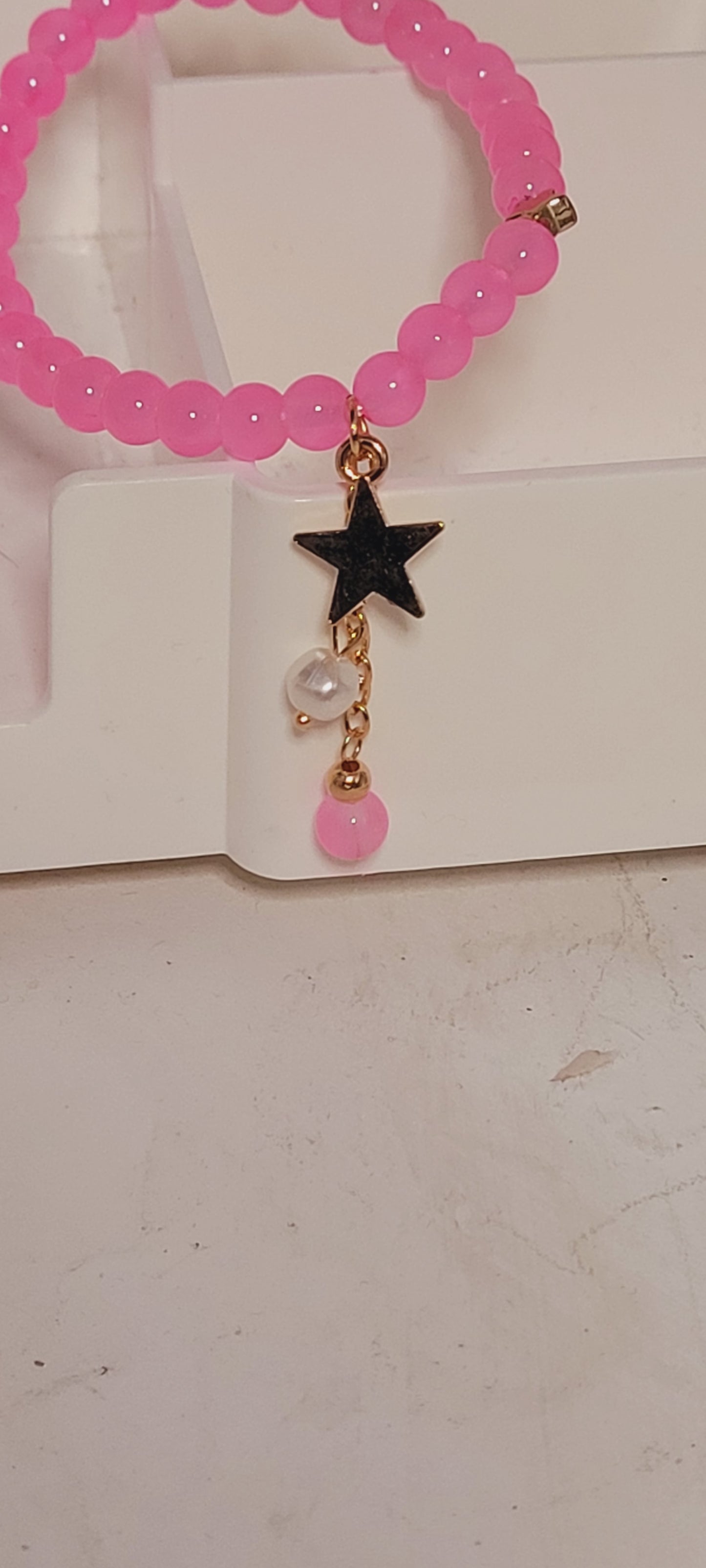 Pink Beaded Charm Bracelet with Gold Star Charm