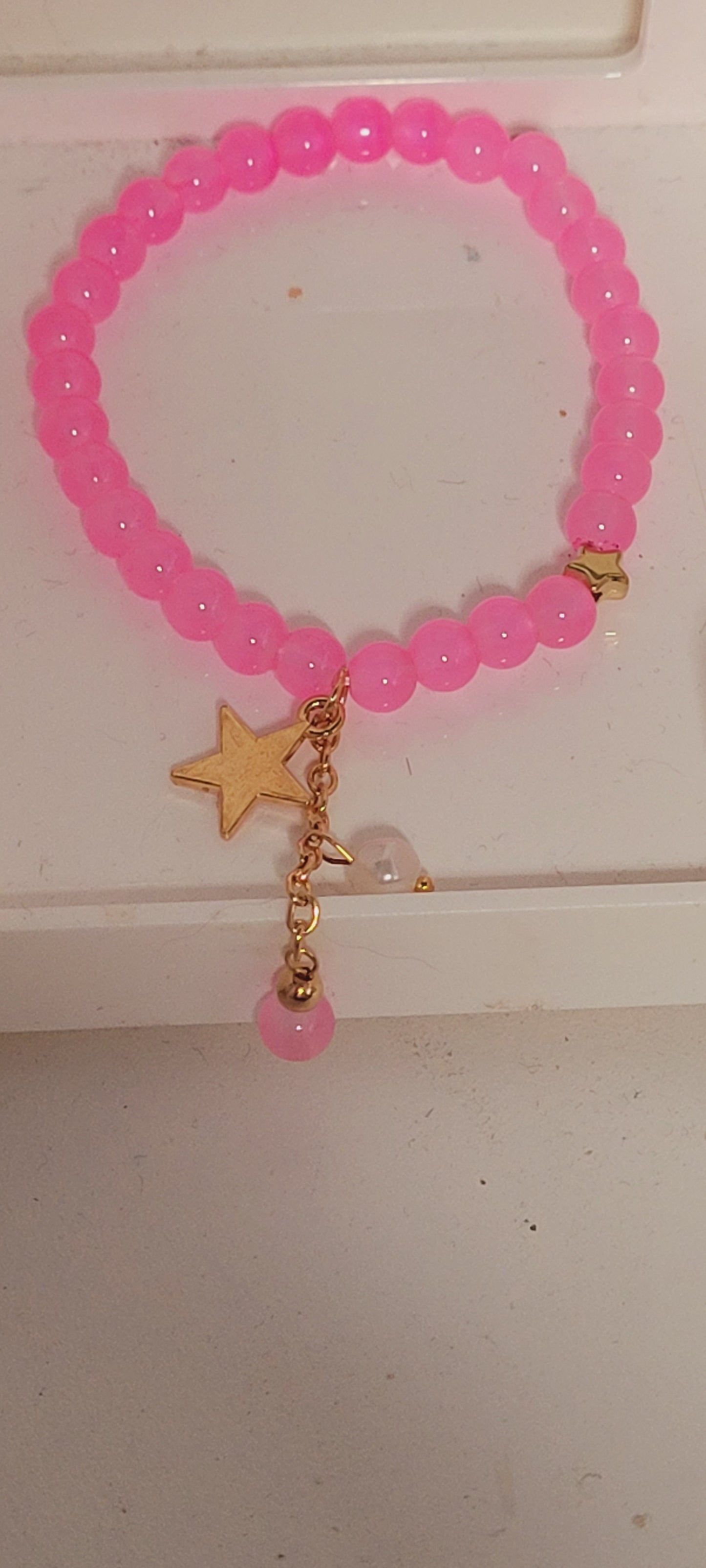 Pink Beaded Charm Bracelet with Gold Star Charm