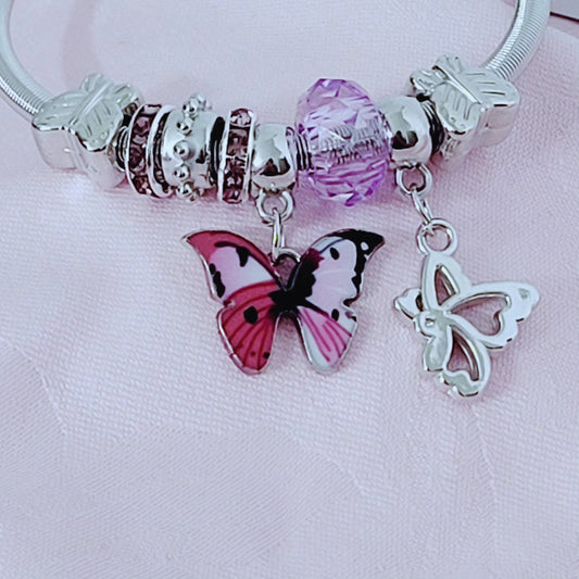 Vintage Butterfly Pendant Bracelet Heart Beads Stretchable Cuff
Bangle