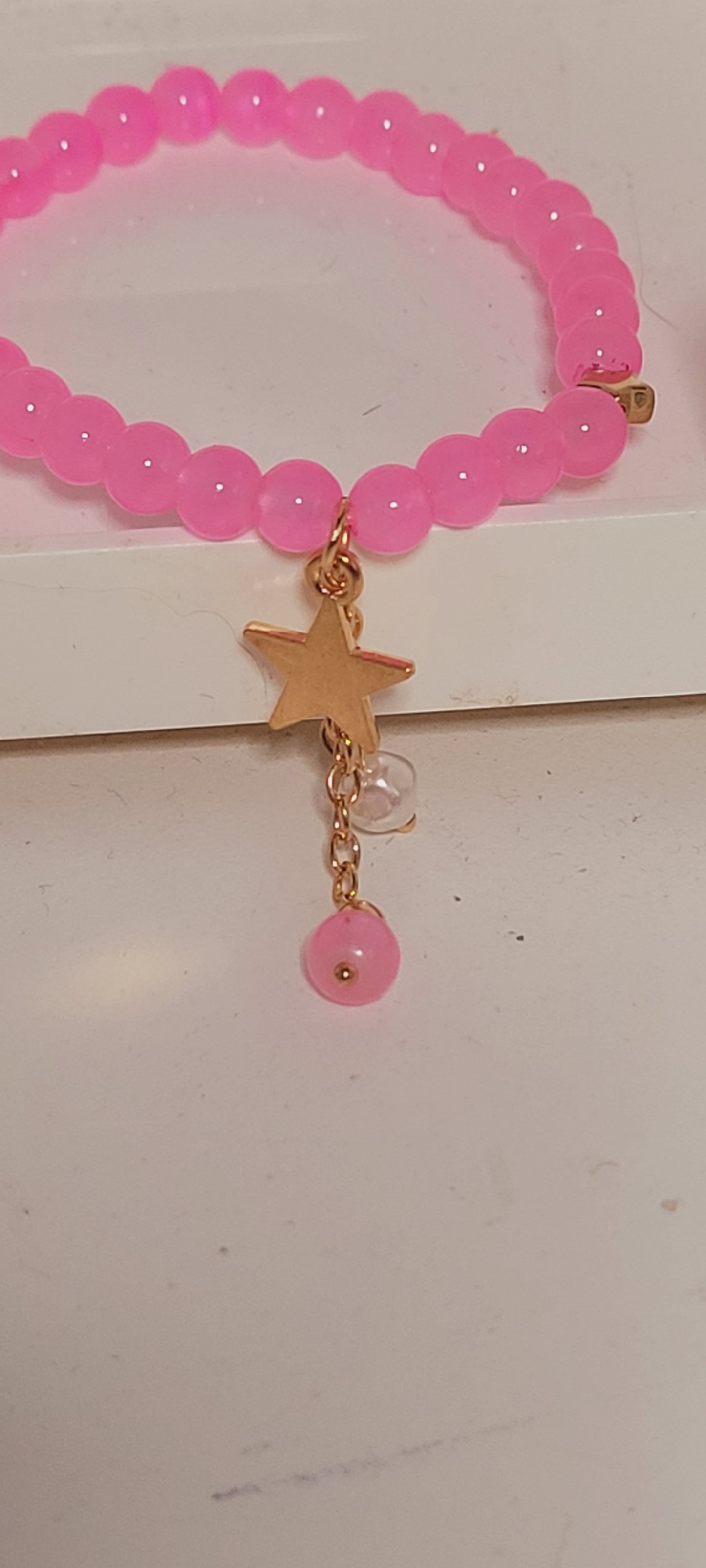 Pink Beaded Charm Bracelet with Gold Star Charm