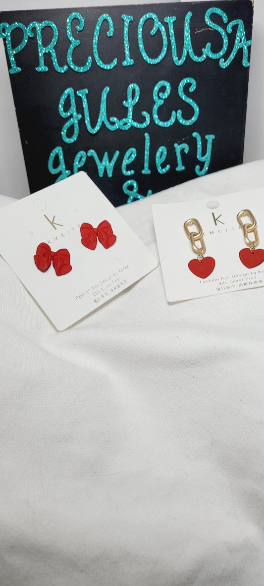 Fashion Trendy red bow or heart glam earrings (each pair sold individual)