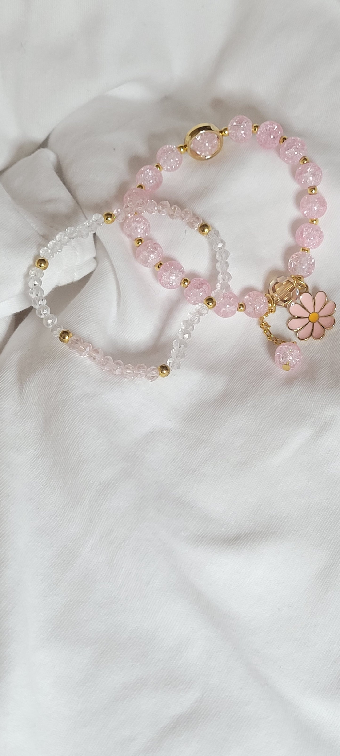 2pc Pink or White Glass Beaded Daisy Charm bracelet and beaded bracelet