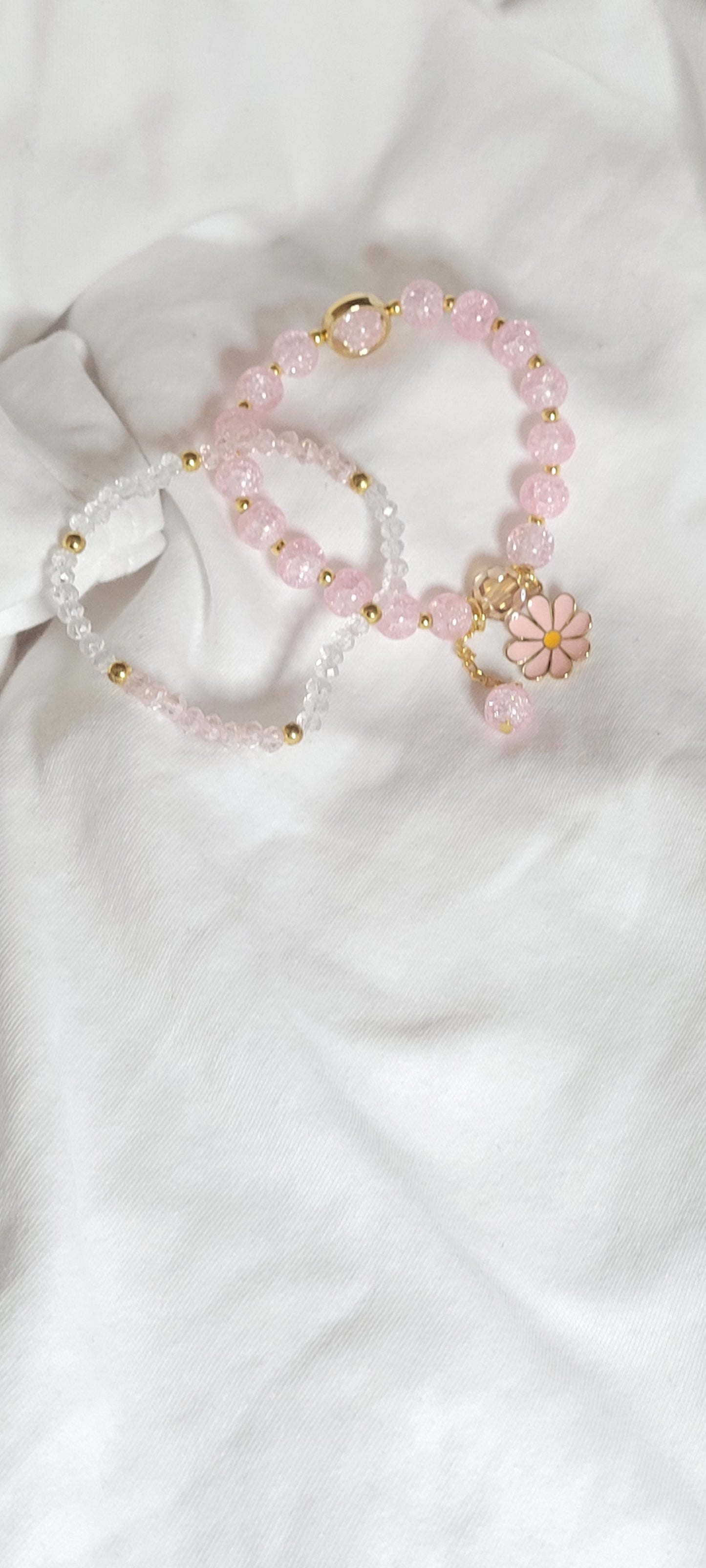 2pc Pink or White Glass Beaded Daisy Charm bracelet and beaded bracelet