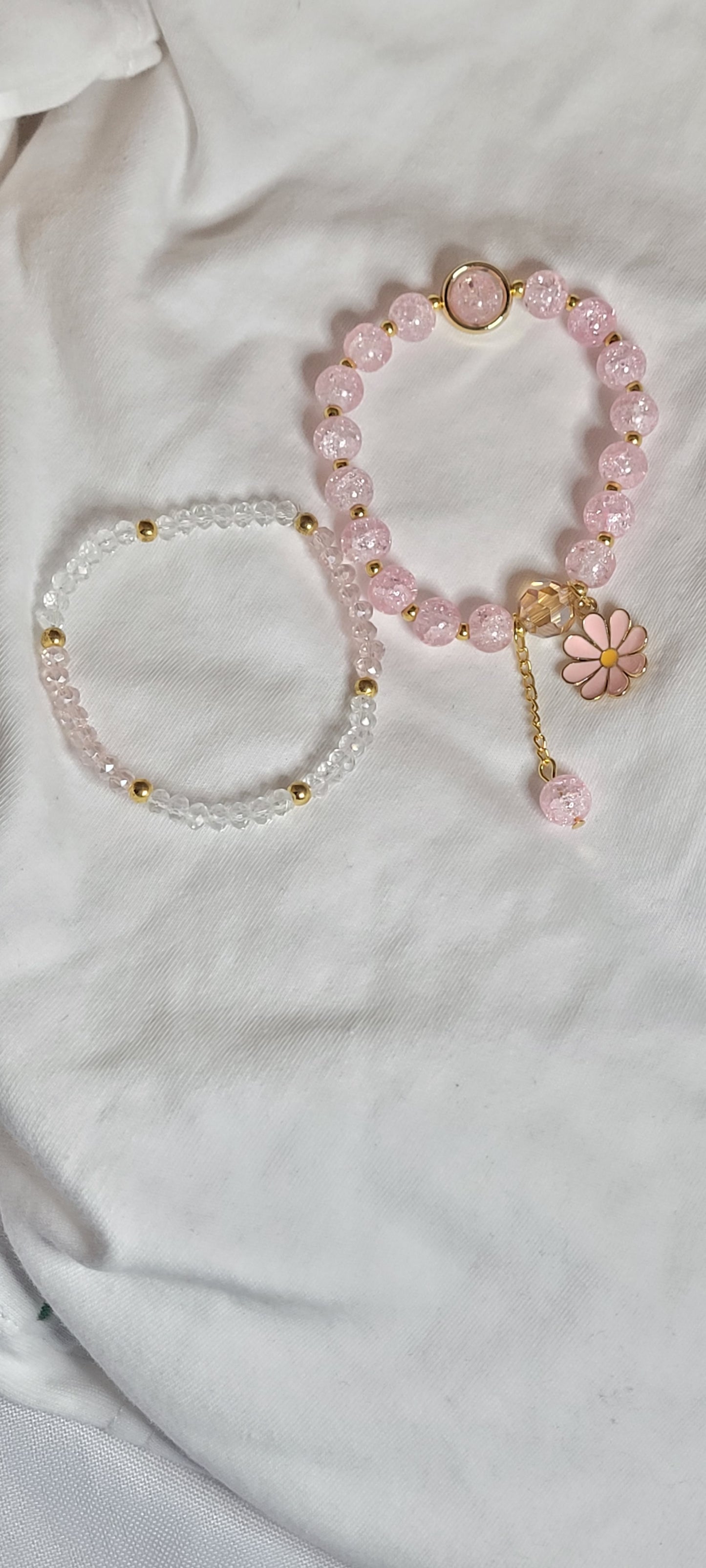 2pc Pink or White Glass Beaded Daisy Charm bracelet and beaded bracelet