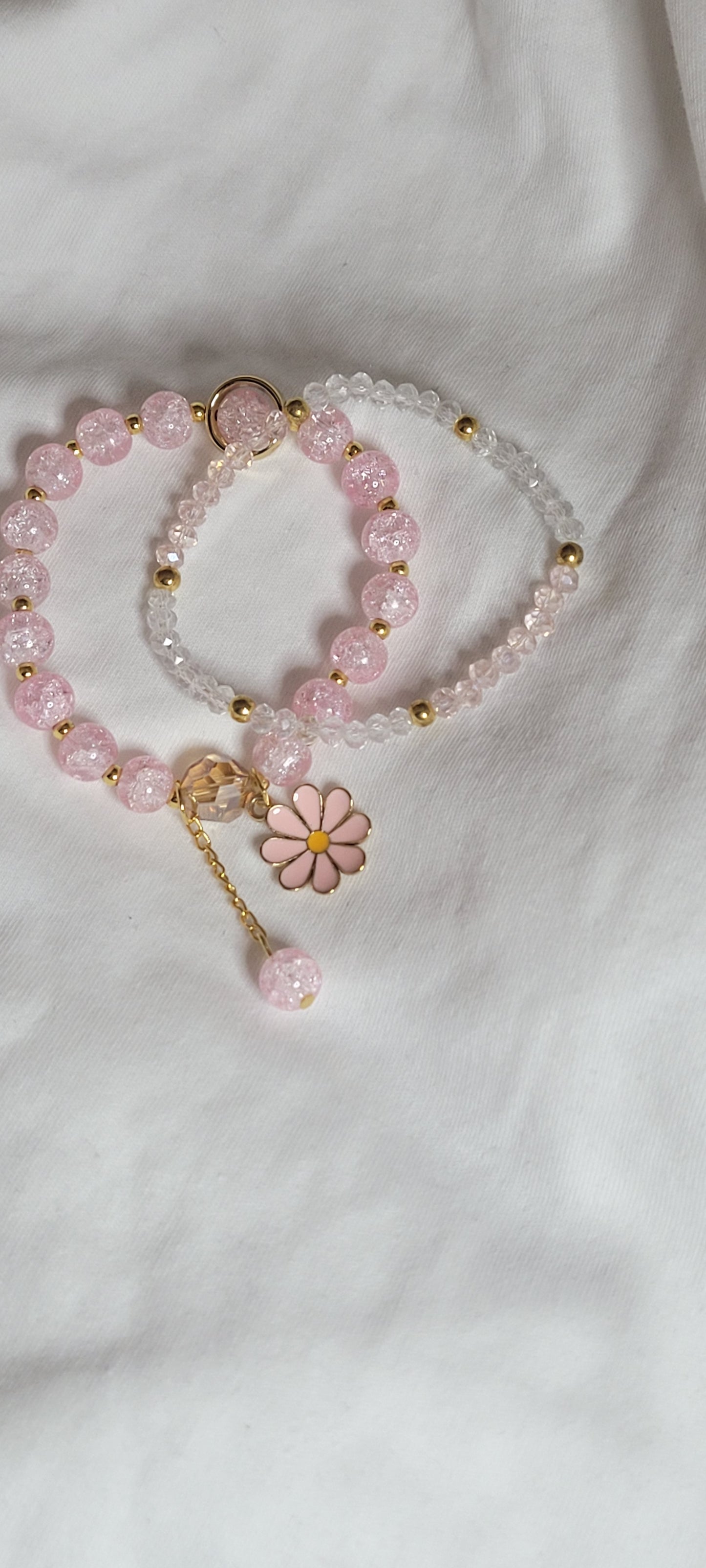 2pc Pink or White Glass Beaded Daisy Charm bracelet and beaded bracelet