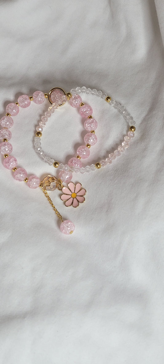 2pc Pink or White Glass Beaded Daisy Charm bracelet and beaded bracelet