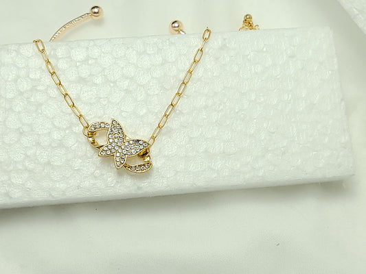 Diamond Studded Butterfly Pearl Chain Bracelet