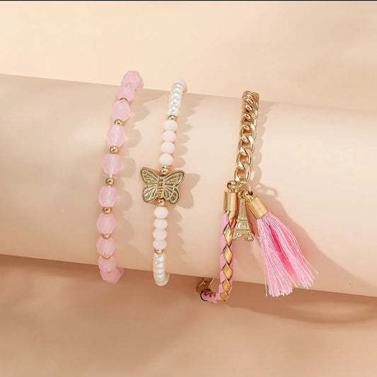 3pc Pink & White Crystal Butterfly Bracelet Set